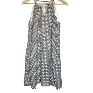 Lily Rose Dress Small Shift High Neck Halter Mini Blue Ivory Scallop Geometric